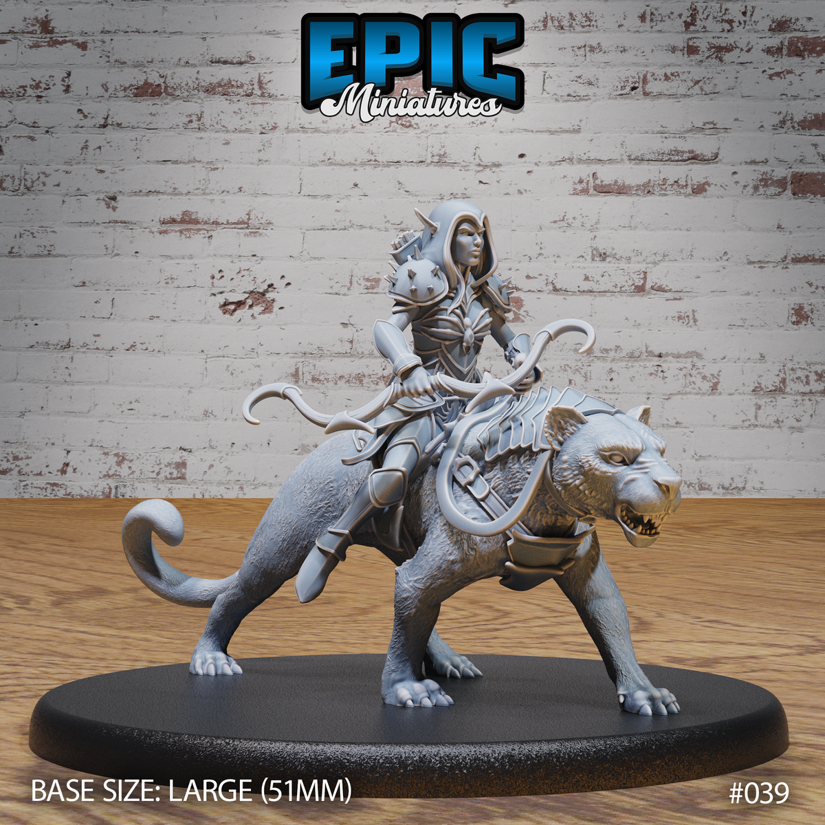 Hooded drow ranger in spiked layered armour seated on a snarling armoured panther in a low hunting crouch, bow in hand, on a large oval base. Sculpt by Epic Miniatures.