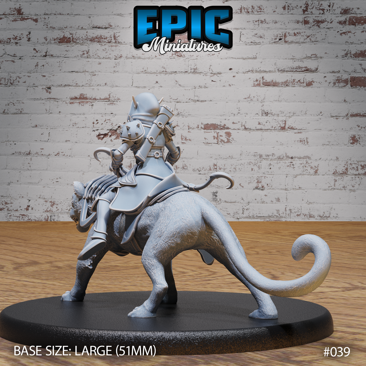 Drow rider viewed from behind, showing quiver on back, detailed pauldrons, and the panther's muscular haunches and curved tail curling upward. Sculpt by Epic Miniatures.