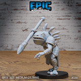 Frogfolk warrior leaning forward aggressively, gripping a wooden spear raised diagonally overhead, wearing scale-patterned armour with cord stitching, wide toothy grin, bony dorsal spines on head. Sculpt by Epic Miniatures.