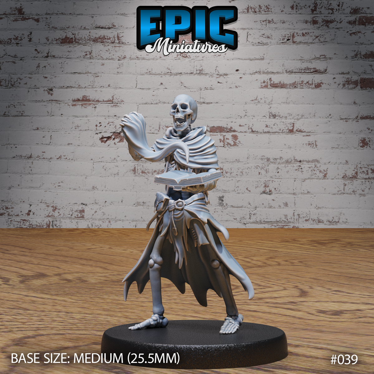 Skeleton miniature in tattered robes, one hand raised mid-gesture and the other holding an open tome at waist height, exposed ribs visible beneath layered cloth, ragged hem. Sculpt by Epic Miniatures.