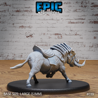 Armoured warthog miniature in full-sprint pose, rear haunches extended, tail swept back, showing the quilted saddle and segmented dorsal barding from behind the shoulder. Sculpt by Epic Miniatures.
