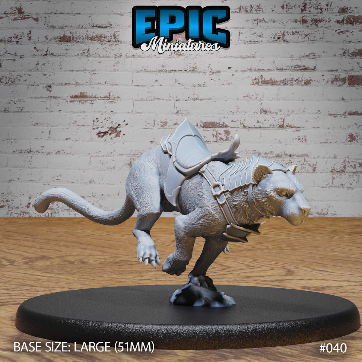 Armoured panther in a forward lunge, forepaws raised mid-stride, wearing a spiked collar, chest harness, and a saddle with a tall angular backplate. Sculpt by Epic Miniatures.