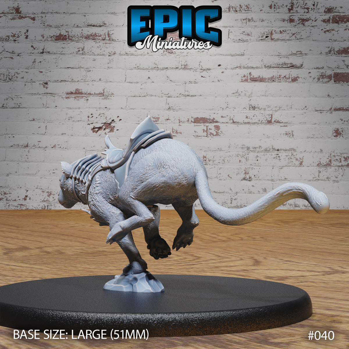 Armoured panther with haunches raised and tail extended, showing ribbed chest harness and saddle detail across the back, claws splayed on a small rocky base. Sculpt by Epic Miniatures.