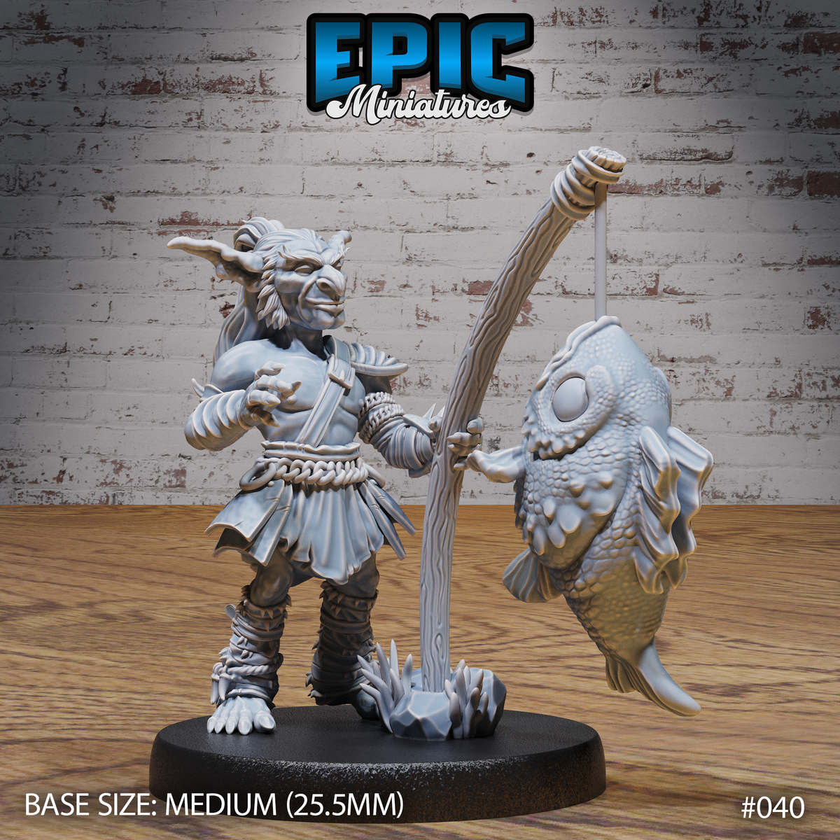 Goblin fisherman miniature facing forward, grinning, one hand on hip, holding a tall wooden fishing rod with a large scaled fish hanging from the line. Rope-wrapped bracers, tattered kilt, claw-footed legs. Rocky grassy base. By Epic Miniatures.