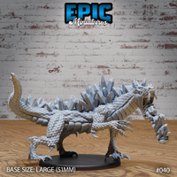 Crystal Drake Flame by Epic Miniatures: a four-legged draconic predator stalking forward, jaws open, with jagged crystal spines erupting along its back. Claws splayed, tail raised. On a 51mm plain round base.