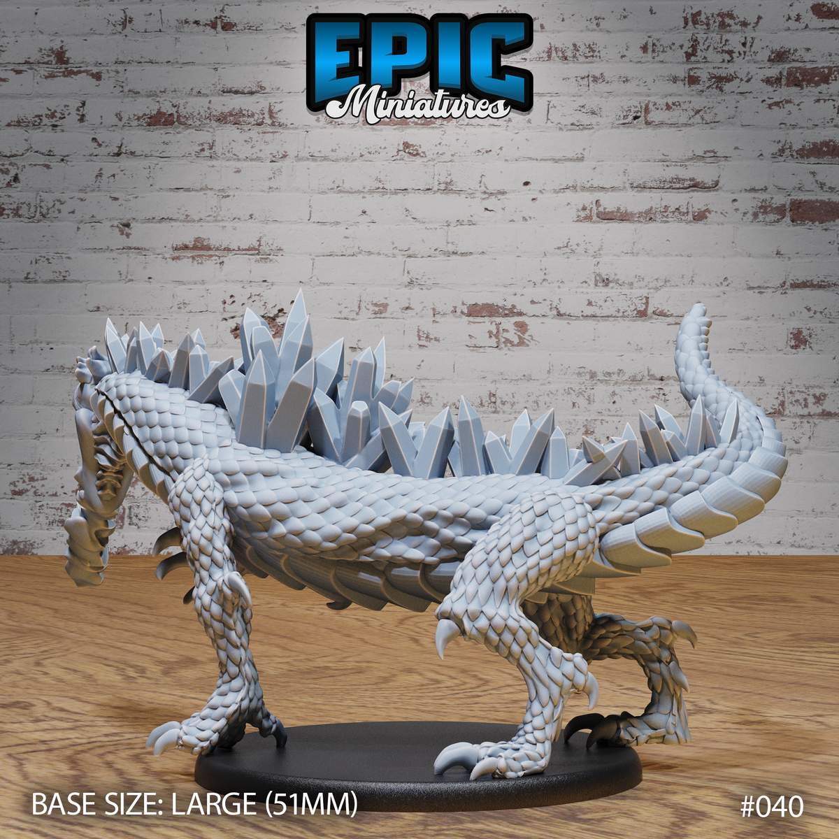 Crystal Drake Flame by Epic Miniatures viewed from above and behind, showing the full ridge of large faceted crystal formations running the length of the spine, with dense overlapping scales across the broad back and haunches.
