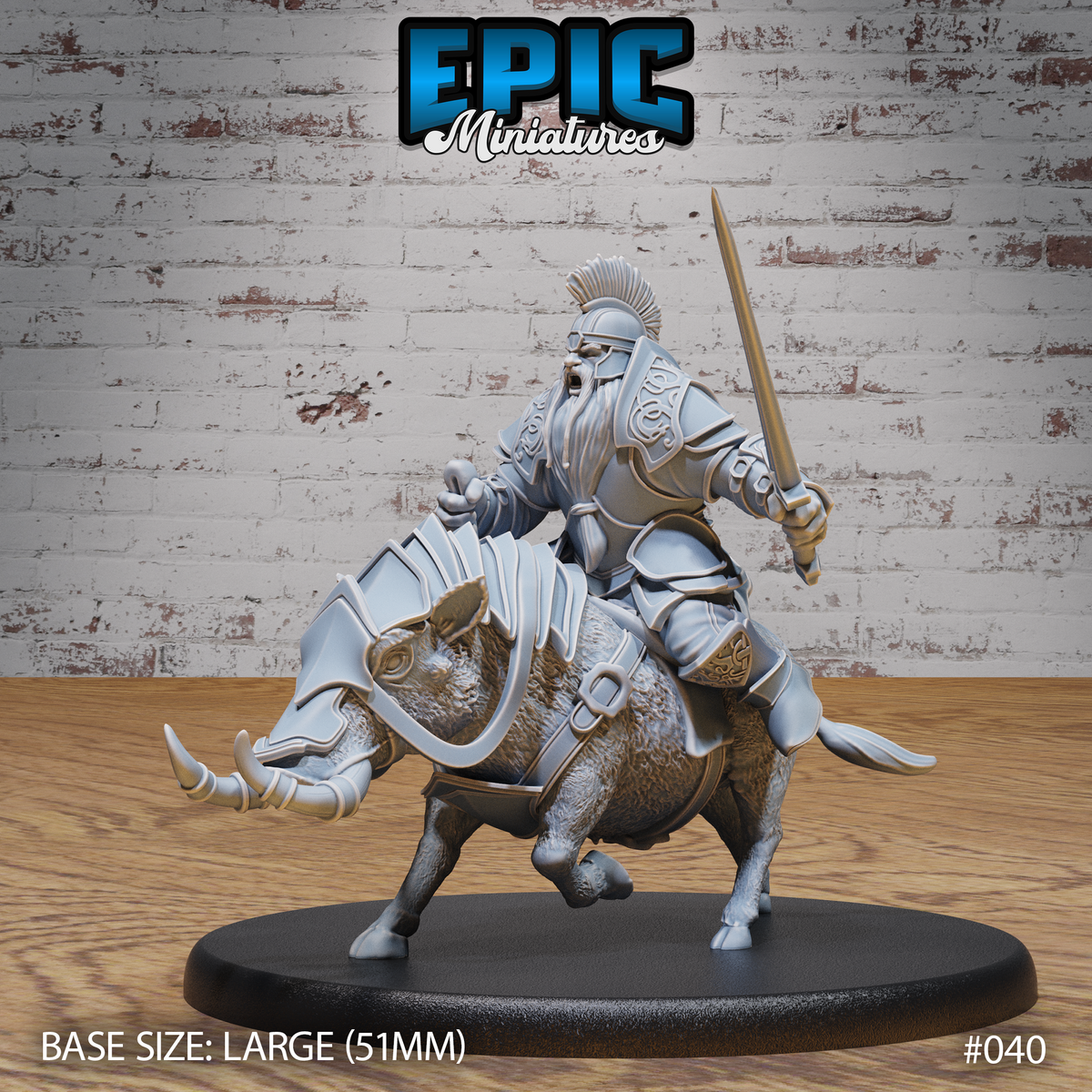 Bearded dwarf in engraved full plate and plumed helmet, sword raised, riding a tusked armour-barded warthog lunging forward mid-charge. Sculpt by Epic Miniatures.