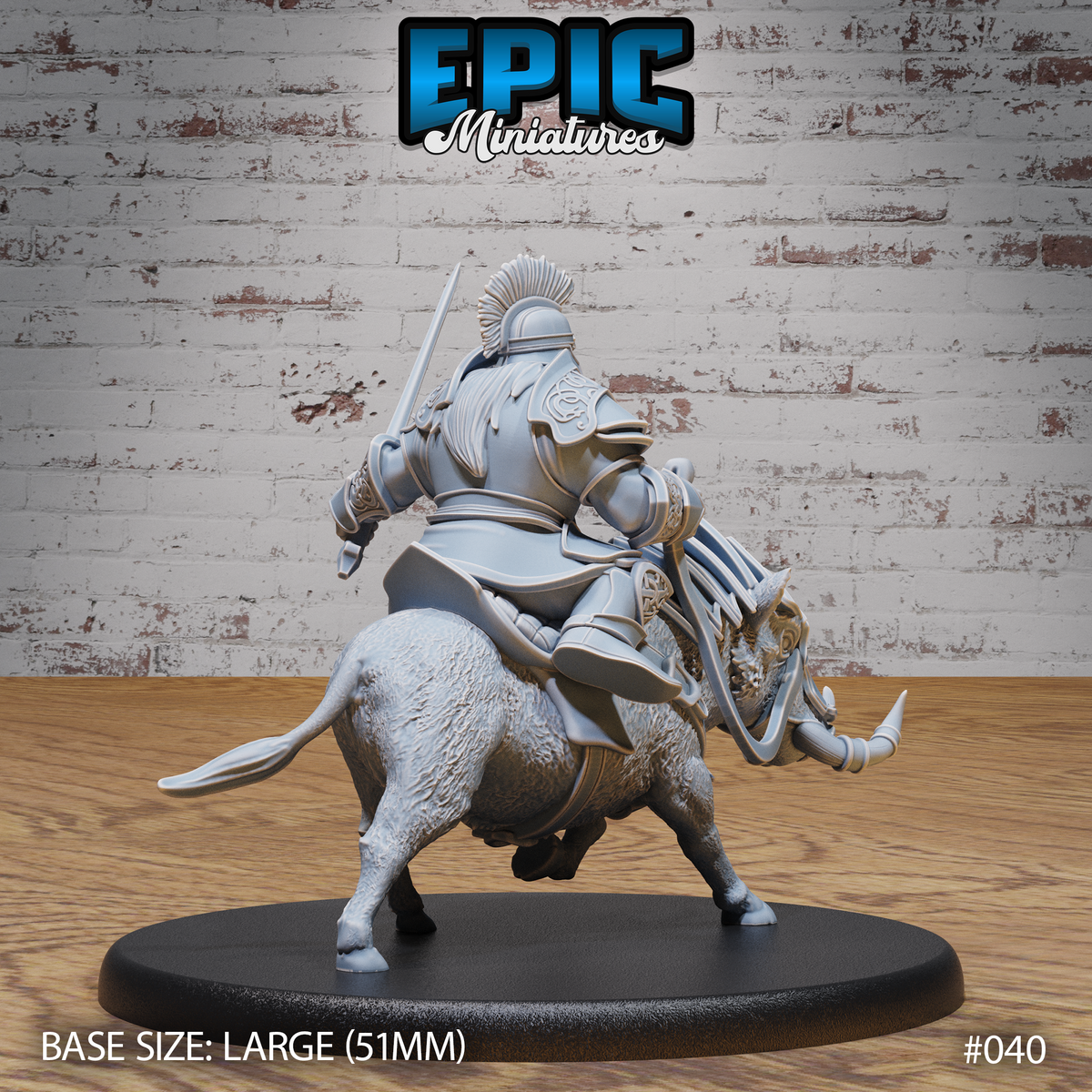 Dwarf cavalry miniature seen from behind — plumed helmet, knotwork pauldrons, and warthog with coarse fur and rear barding visible, tail raised in charge. Sculpt by Epic Miniatures.