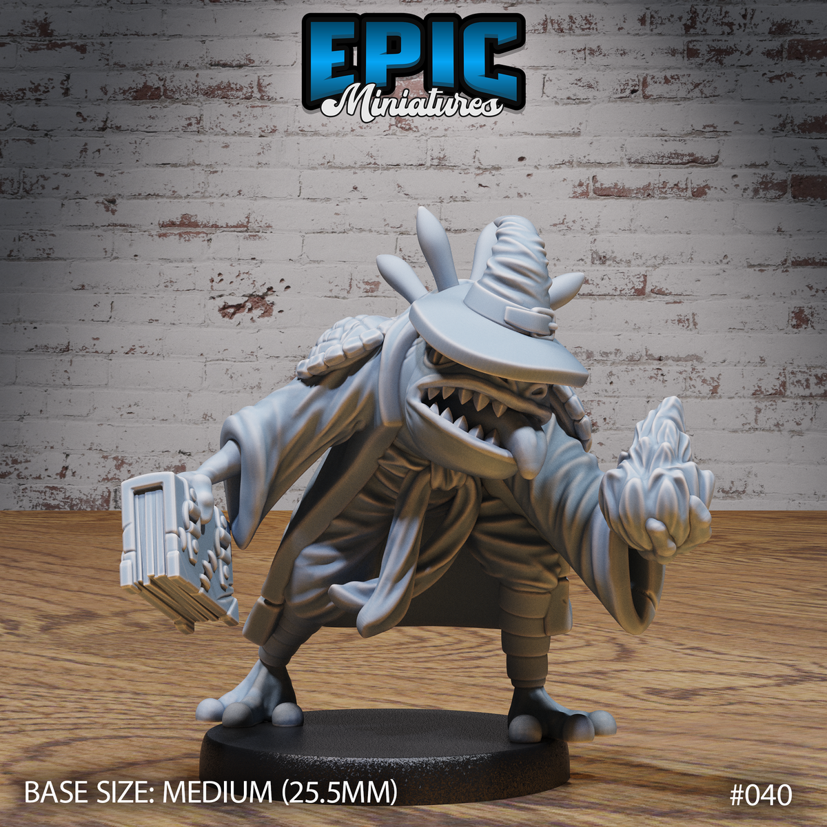Stocky frogfolk wizard in a tilted wide-brimmed hat and flowing robes, holding an open spellbook in one claw and raising a swirling arcane effect in the other. Sculpt by Epic Miniatures.
