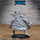 Rear view of a frogfolk wizard showing scaled armour across the shoulders, toggle fastenings down the back of the robe, and elongated ears above the wide-brimmed hat. Sculpt by Epic Miniatures.