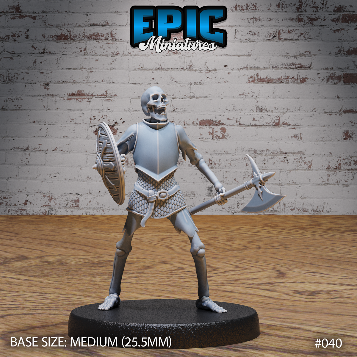 Armoured skeleton warrior standing in a wide combat stance, right arm swinging a battle axe low, left arm raising a round spiked shield. Breastplate over scale-mail skirt, jaw open. Epic Miniatures.