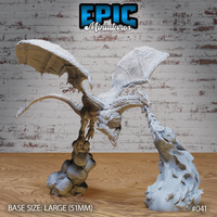 Young Chaos Red Dragon sculpt with wings fully spread, neck lunging forward and jaws open, claws outstretched mid-dive, perched atop a tall rocky outcrop base. By Epic Miniatures.