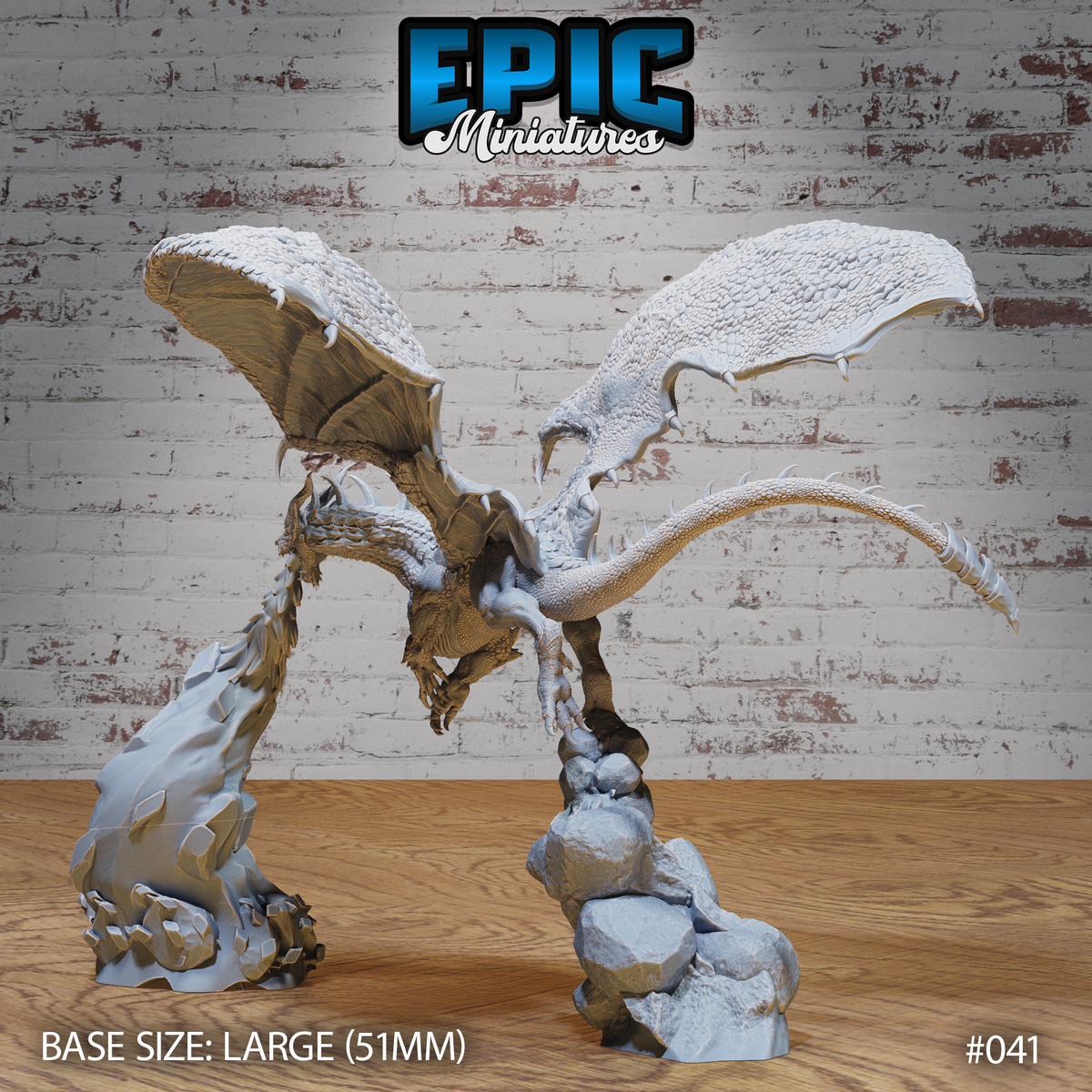 Young Chaos Red Dragon with wings swept wide and tail extended, body tilted forward in an aggressive dive pose, showing detailed underbelly plating and spine-edged wings. Rocky base. By Epic Miniatures.