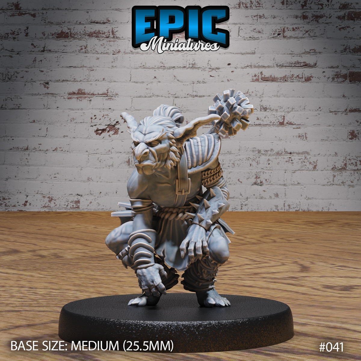 Stocky goblin crouching low with a spiked mace raised behind his head, wearing rope-wrapped armour, spiked greaves, and claw-tipped hands spread wide. Sculpt by Epic Miniatures.