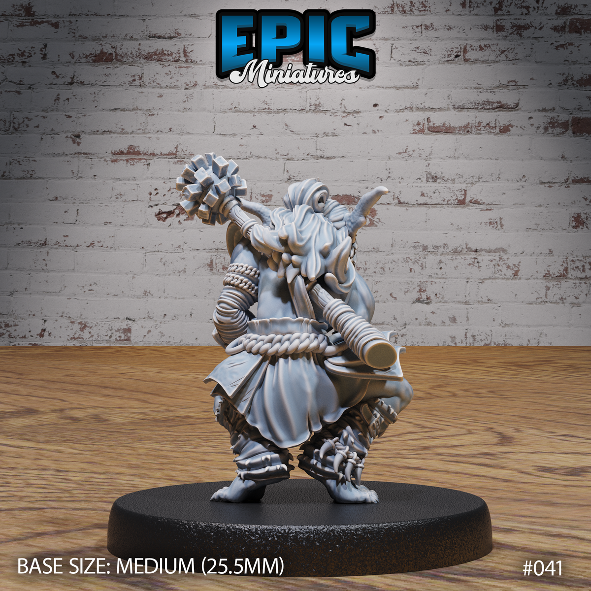 Goblin warrior seen from behind mid-crouch, spiked mace raised overhead, back covered in layered rope-wrap armour and chain detail, clawed feet gripping the round base. Sculpt by Epic Miniatures.