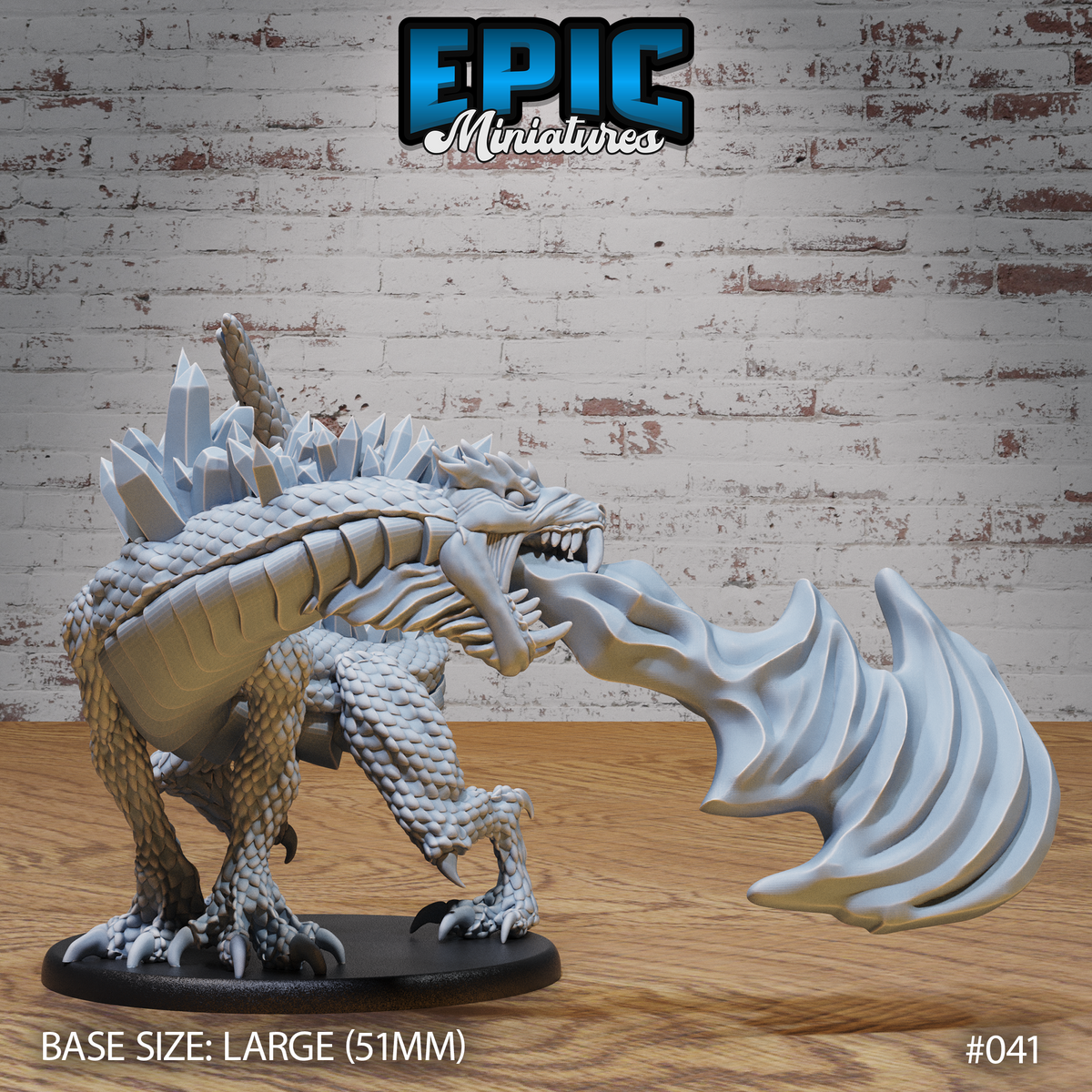 Crystal Drake miniature by Epic Miniatures — stocky quadrupedal reptile crouching low, jaws wide open, with a large fanned crystalline breath weapon extending forward and crystal spines along its back.