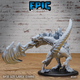 Crystal Drake miniature by Epic Miniatures — rearing upright on powerful hind legs, roaring mouth agape, with clusters of angular crystal formations along the spine and a separate breath weapon piece shown beside the model.
