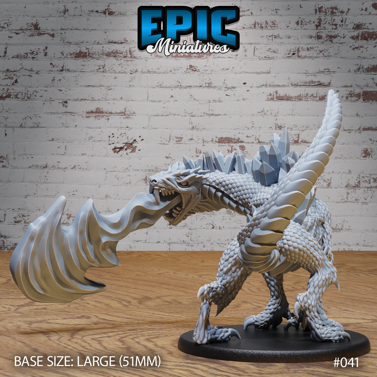 Crystal Drake miniature by Epic Miniatures — rearing upright on powerful hind legs, roaring mouth agape, with clusters of angular crystal formations along the spine and a separate breath weapon piece shown beside the model.