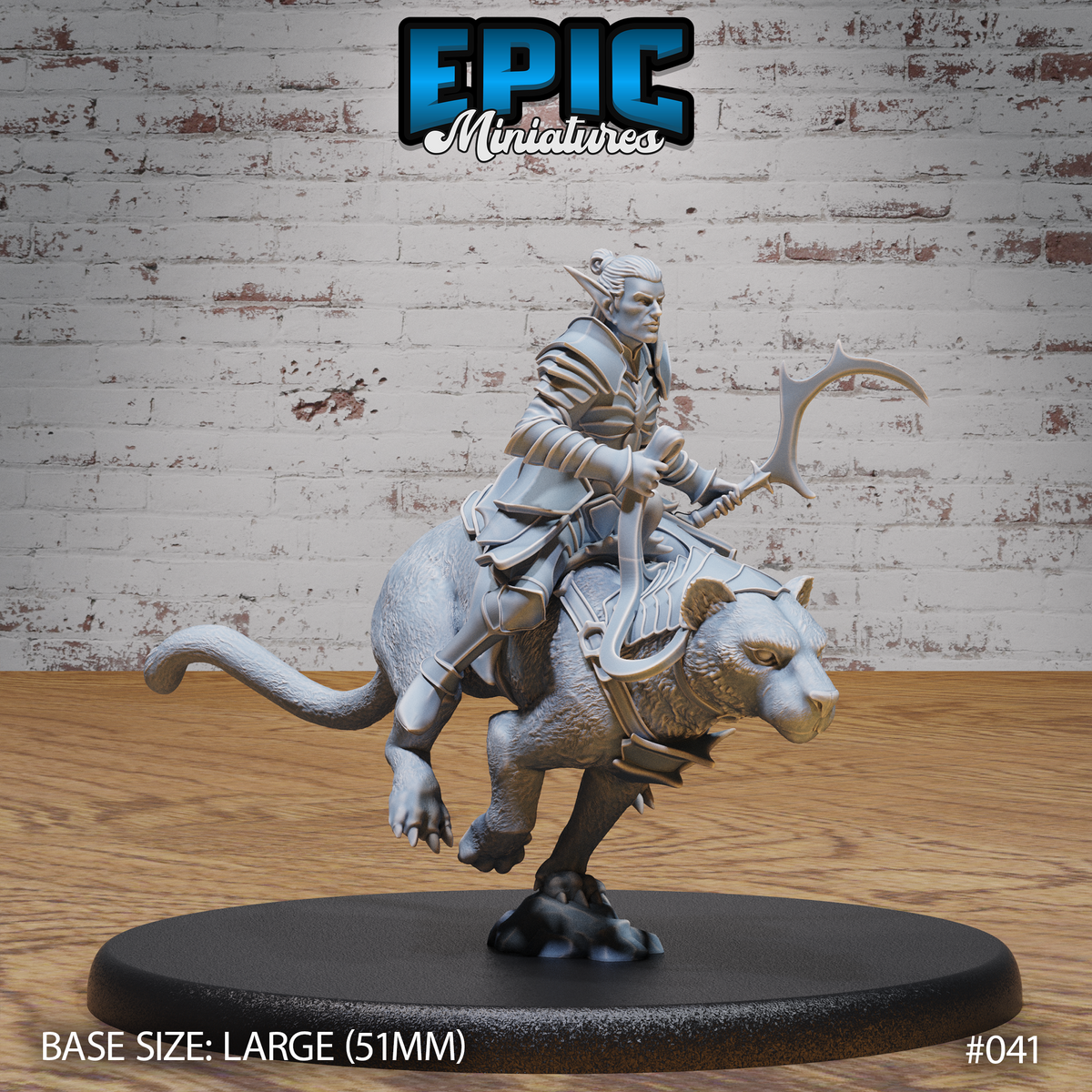 Dark elf rider in articulated plate armour seated on a rearing panther, gripping a broad crescent-bladed weapon. The panther wears fitted barding and raises its forelimbs mid-charge. Sculpt by Epic Miniatures.