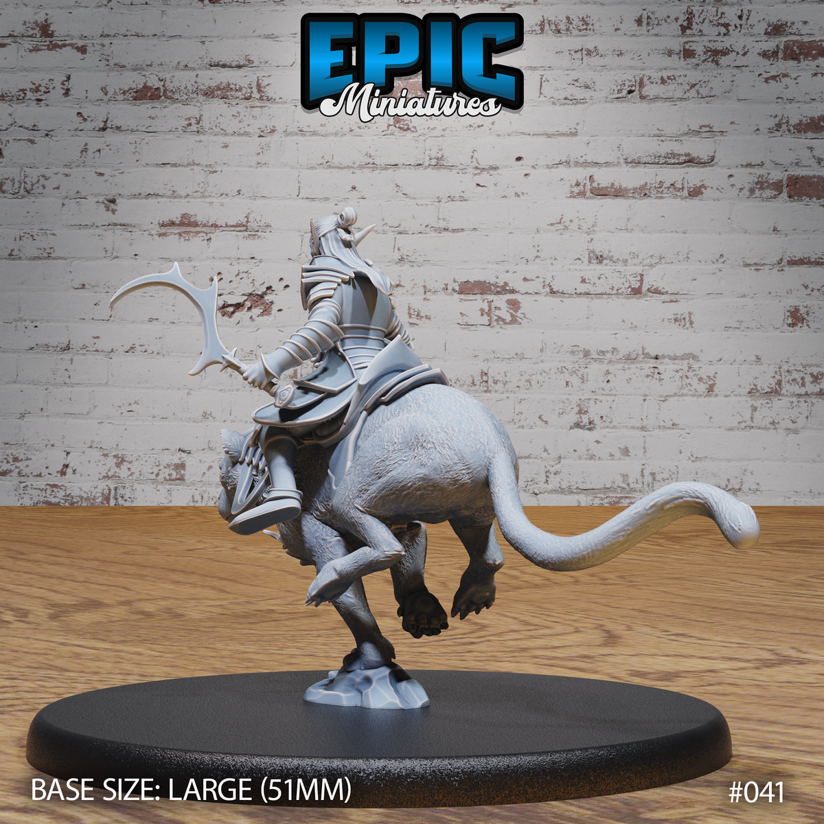 Dark elf panther rider viewed from behind and left, showing the rider's armoured back, swept-up hair, and crescent weapon raised outward. The panther's long tail curves and its rear legs are bunched beneath it. Sculpt by Epic Miniatures.