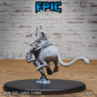 Dark elf panther rider viewed from behind and left, showing the rider's armoured back, swept-up hair, and crescent weapon raised outward. The panther's long tail curves and its rear legs are bunched beneath it. Sculpt by Epic Miniatures.