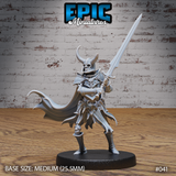 Armoured skeleton warrior gripping a longsword in both hands, wearing a horned helm with skull visor, ornate skull-motif chest plate, and a long flowing cape. Sculpted by Epic Miniatures.