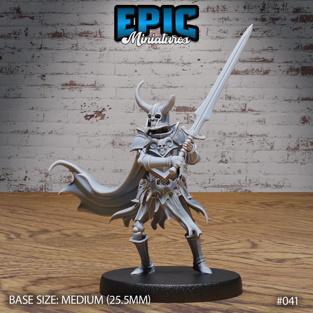 Armoured skeleton warrior gripping a longsword in both hands, wearing a horned helm with skull visor, ornate skull-motif chest plate, and a long flowing cape. Sculpted by Epic Miniatures.