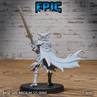 Skeleton warrior seen from behind, longsword raised high, broad flowing cape spread wide across the back, layered pauldrons and segmented armour visible. Sculpted by Epic Miniatures.