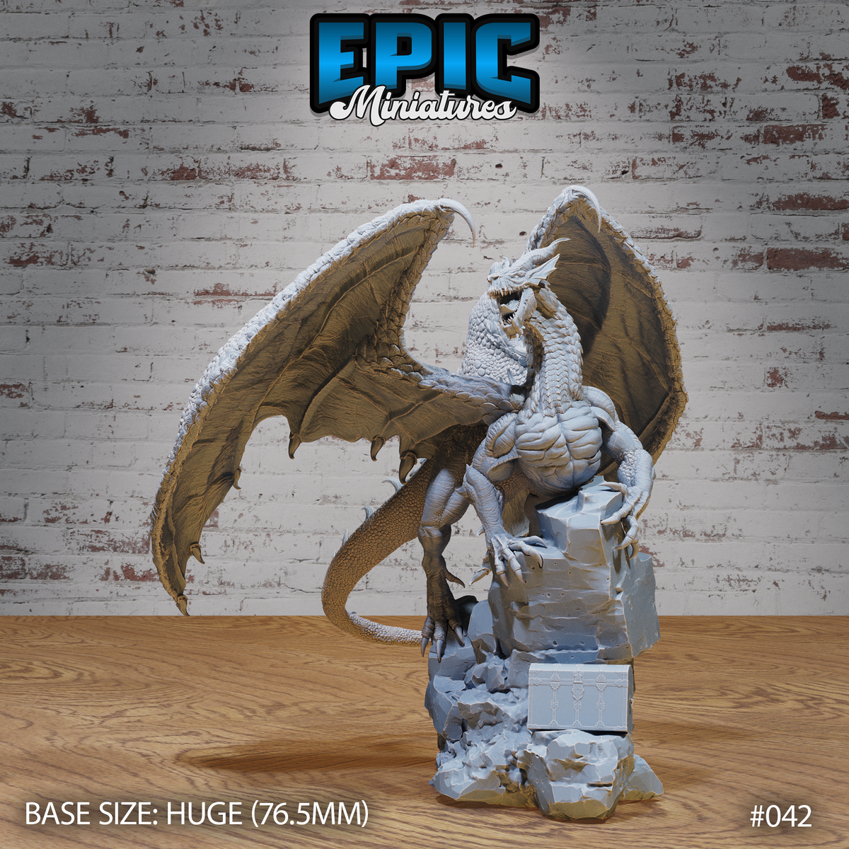 Huge dragon rearing upright on a shattered stone plinth, wings spread wide overhead, jaw open in a roar, scales detailed across chest and tail, a treasure chest at the base. Sculpt by Epic Miniatures.