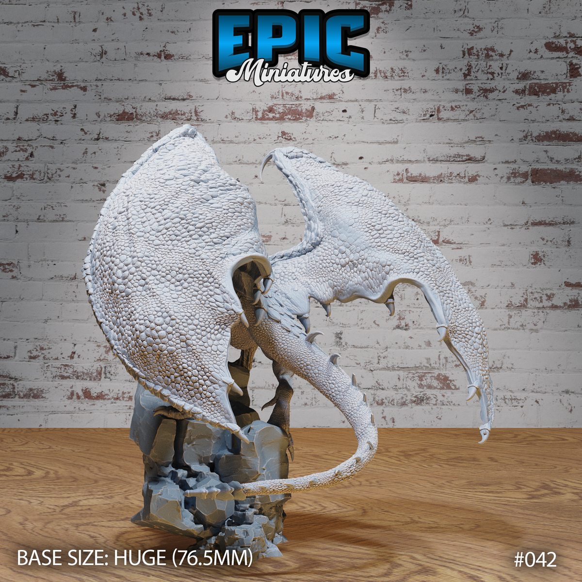 Dragon sculpt shown from behind, revealing broad leathery wing membranes covered in individual scale texture, long coiling tail, and rocky rubble base. Sculpt by Epic Miniatures.