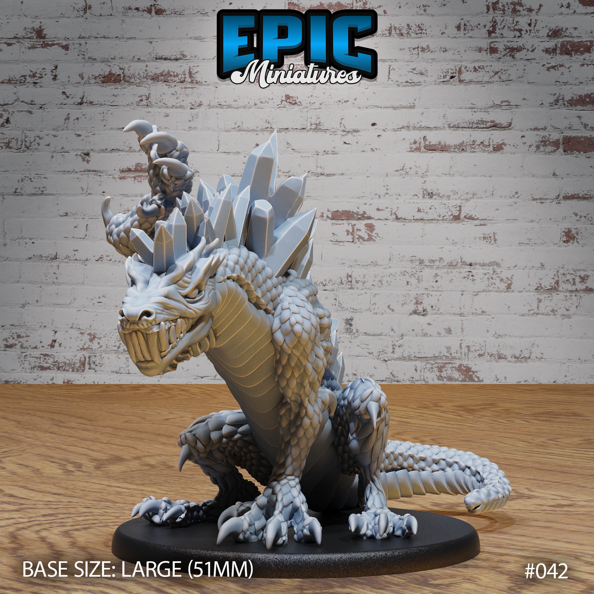 Crystal Drake Attack by Epic Miniatures — large drake rearing aggressively, jaws wide open, with jagged crystal shards erupting from neck and spine, dense overlapping scales across body, clawed forelegs braced forward, long curling tail, mounted on a large oval base.