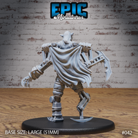 Mechanical suit with flowing cape seen from behind, showing armature shoulder joints, rope-bound limbs, hinged claw hand, and crescent-bladed foot. Sculpt by Epic Miniatures.