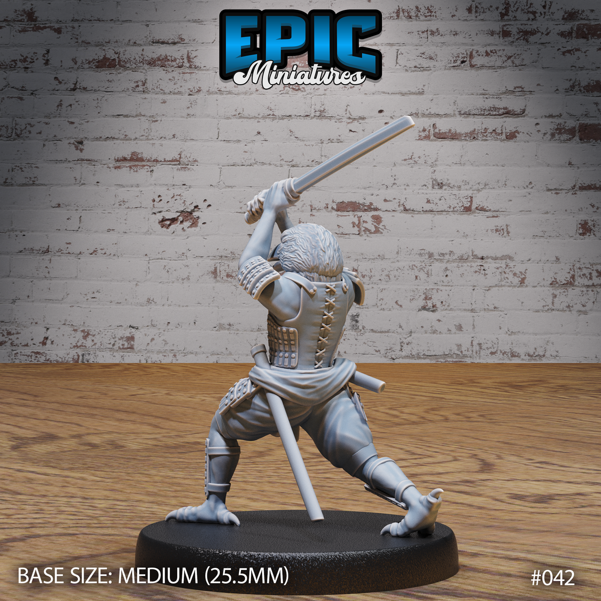 Kenku samurai miniature seen from behind, lace-backed armour and shoulder plates detailed, katana raised overhead in both hands, clawed feet spread wide in a grounded fighting stance. By Epic Miniatures.
