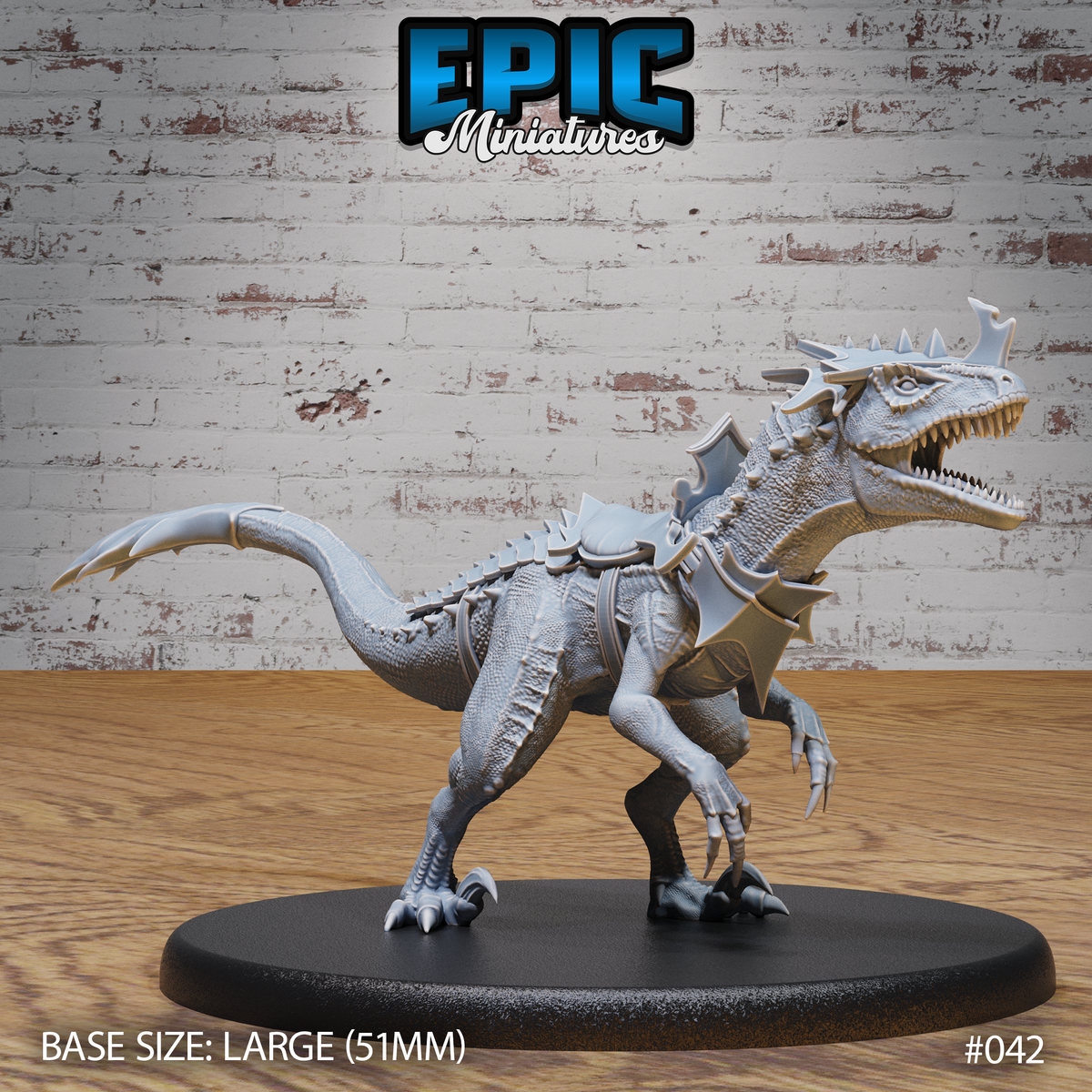 Armoured raptor miniature lunging forward with jaws wide open, spiked neck guard and shoulder plate armour, raised foreclaws, long balancing tail, on a large oval base. Sculpt by Epic Miniatures.