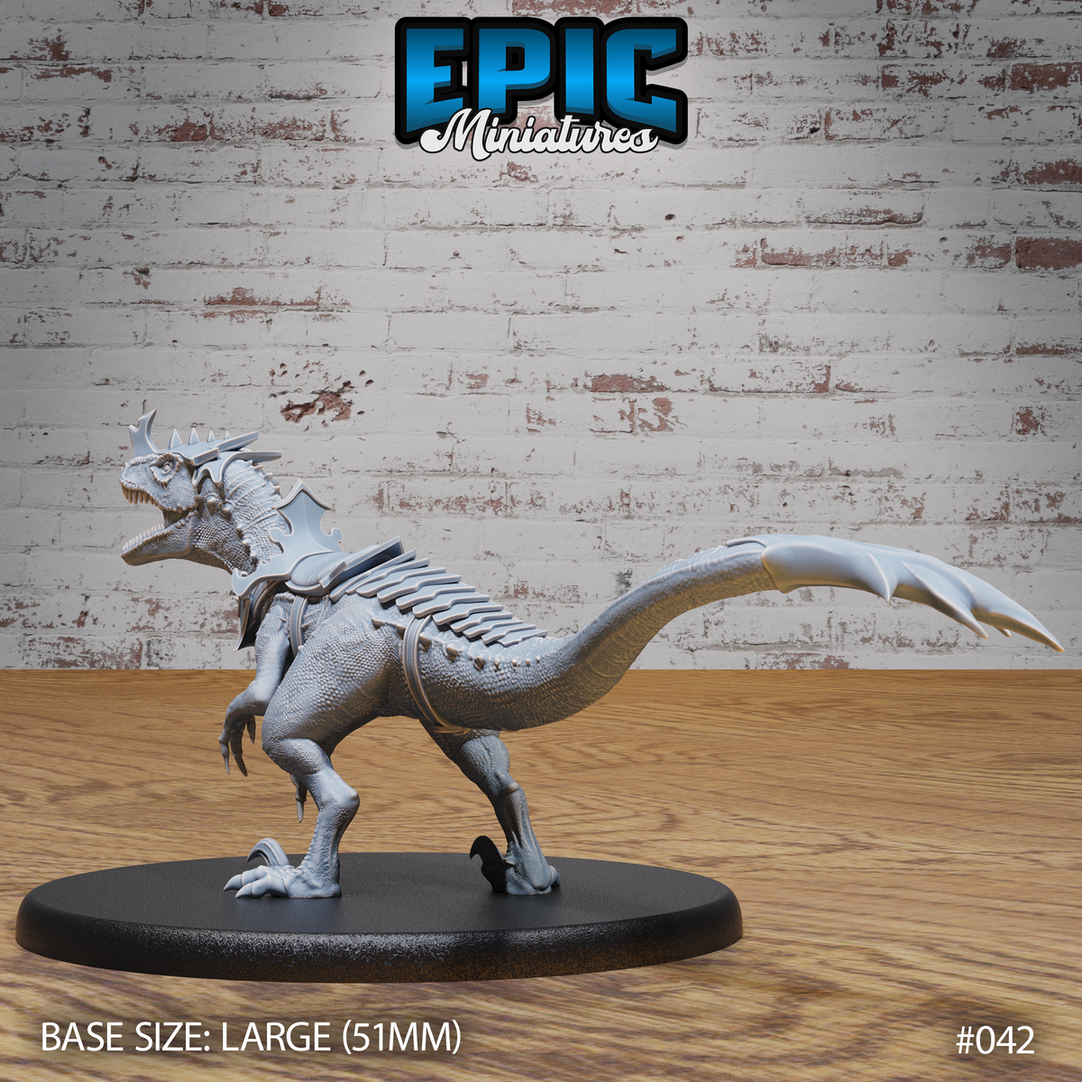 Armoured raptor miniature rearing upright on powerful hind legs, saddle harness across the back, crested brow horns, ribbed spine detail, long sweeping tail, on a large oval base. Sculpt by Epic Miniatures.