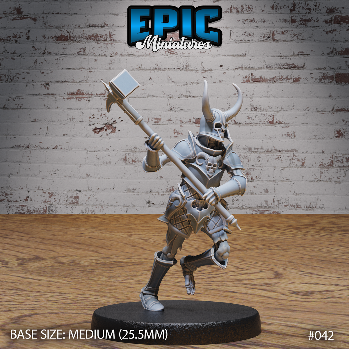 Armoured skeleton warrior mid-stride, raising a broad-headed maul overhead with both hands. Skull-motif breastplate, horned helm, quilted tassets, and layered pauldrons. Sculpt by Epic Miniatures.