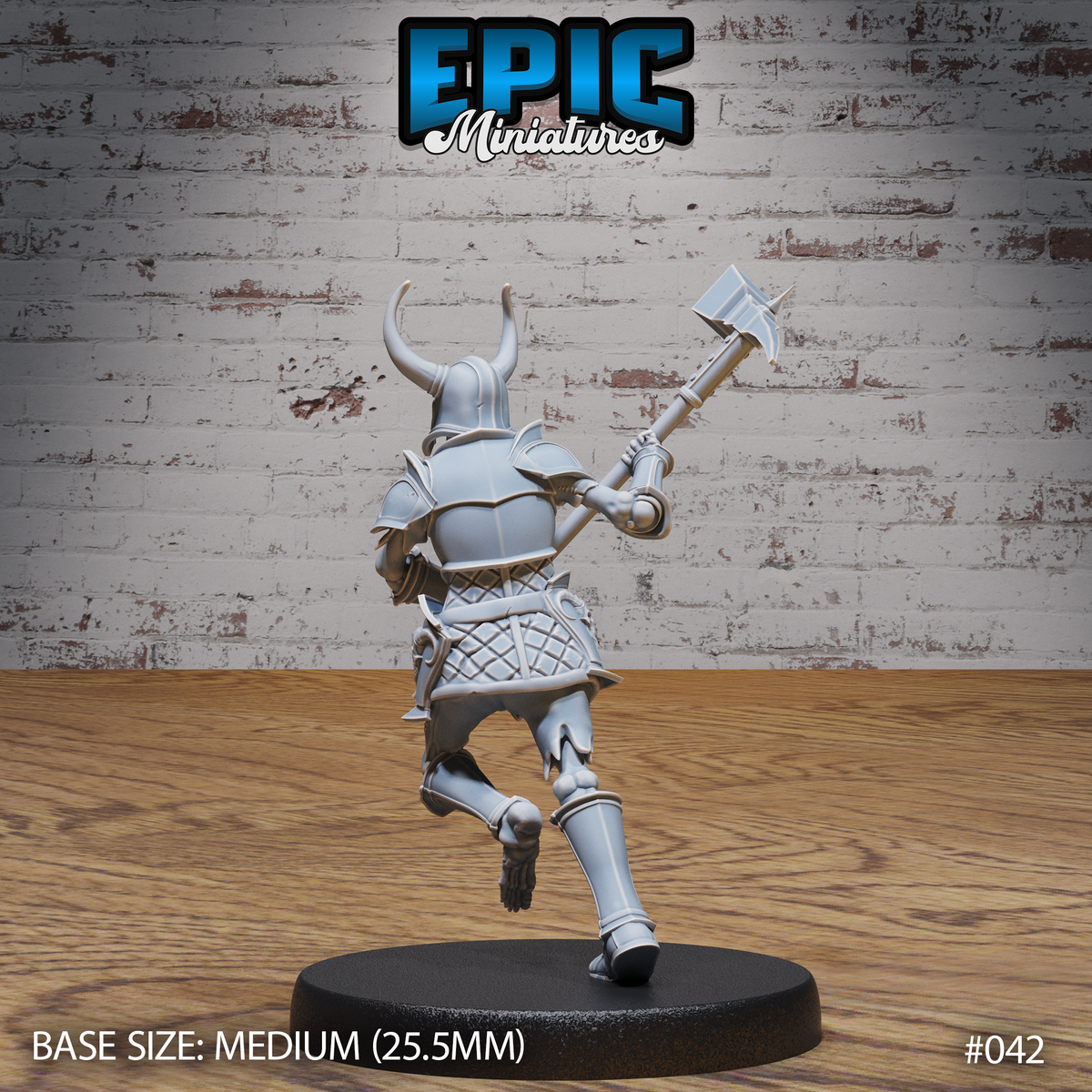Armoured skeleton warrior seen from behind, striding forward with a spiked maul extended at arm's length. Full plate back armour, horned helm, quilted lower armour, and skeletal feet visible. Sculpt by Epic Miniatures.