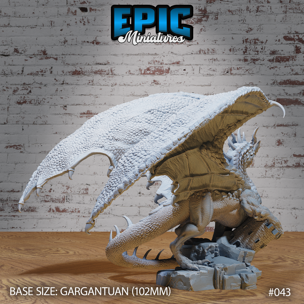 Chaos Red Dragon Ancient by Epic Miniatures — rear view showing broad scalloped wing arched overhead, ribbed membrane stretched between hooked finger bones, muscular haunches gripping shattered stone base, barbed tail curling forward beneath the body.