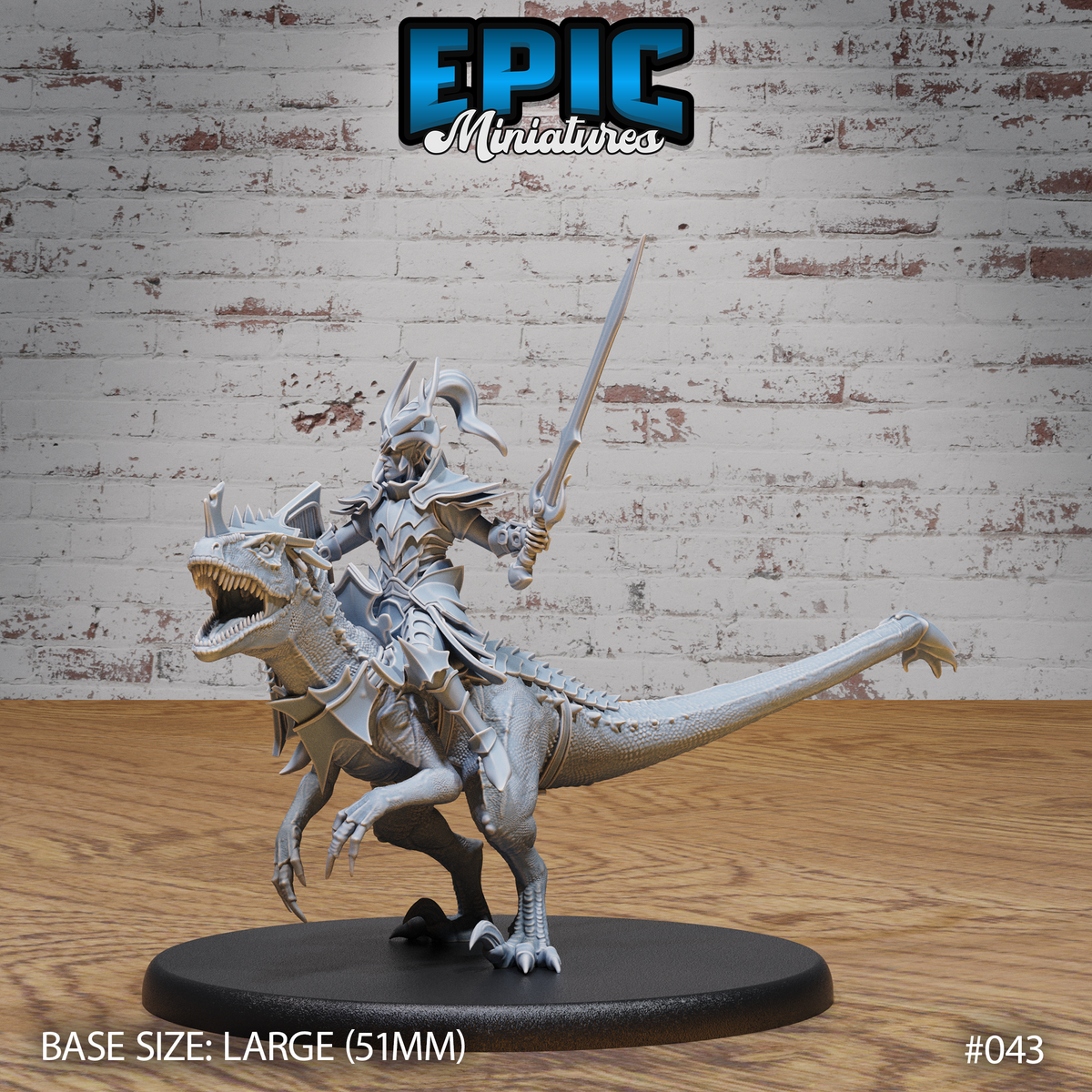 Armoured drow warrior riding a snarling raptor rearing on its hind legs, sword raised overhead, wearing crested helm and spiked pauldrons, raptor with open jaws and spined armour plates. Sculpt by Epic Miniatures.