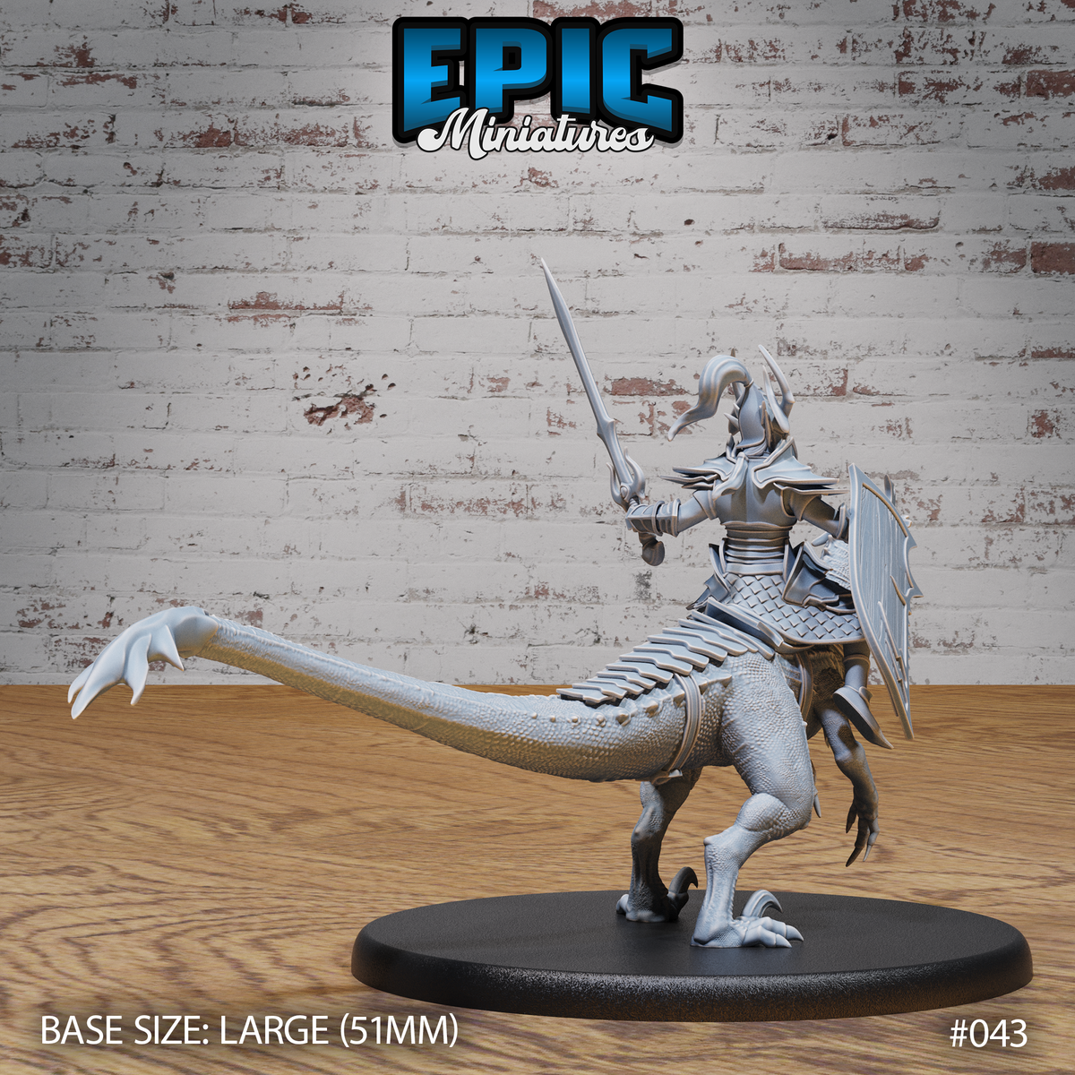 Drow knight mounted on a scaly raptor with a long sweeping tail, large fanged shield visible on the rider's back, raptor balanced on powerful hind claws, detailed scale texture across haunches. Sculpt by Epic Miniatures.