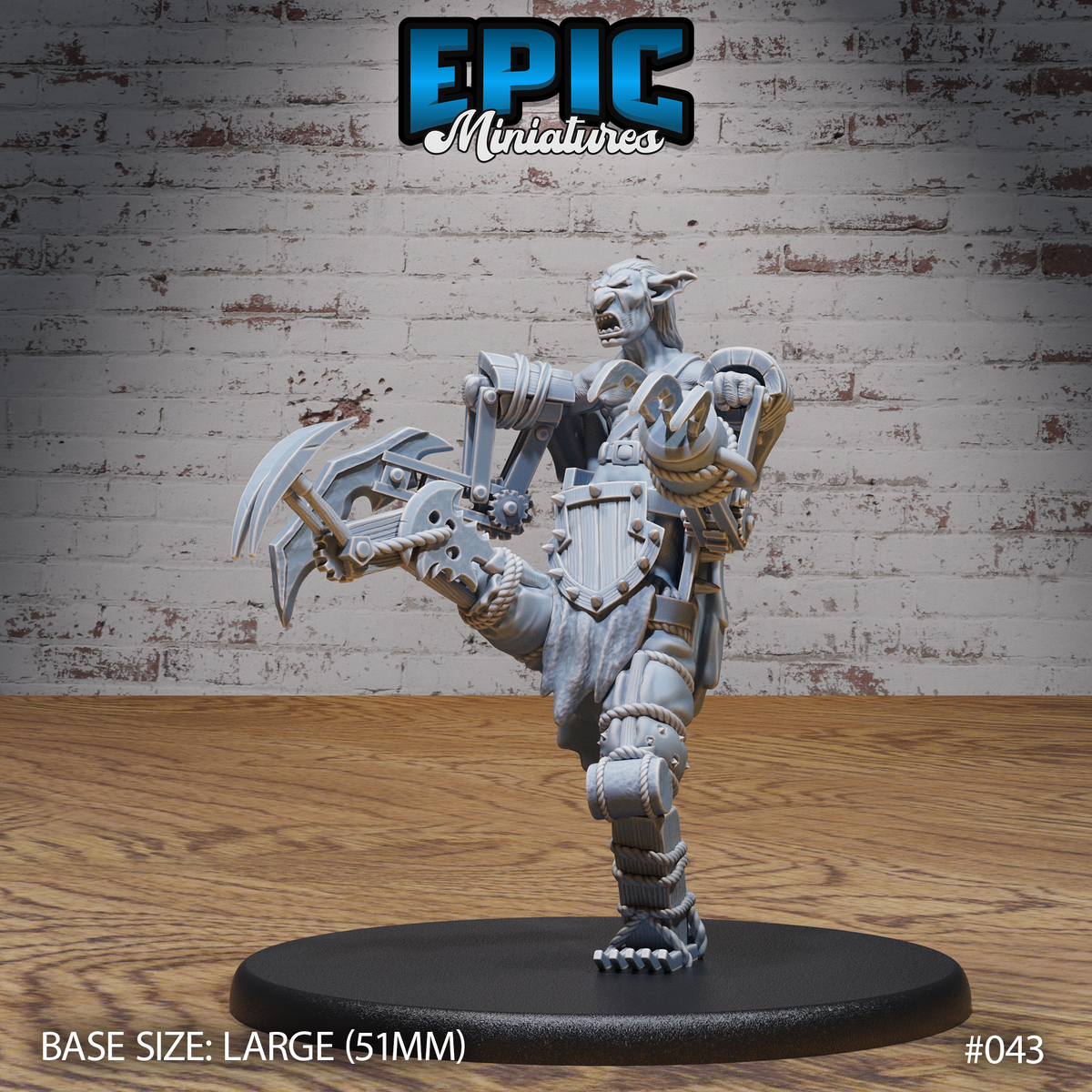 Goblin mech suit miniature in a high-kick pose, wielding twin crescent-bladed mechanical claws, wearing gear-driven armour with rope bindings and studded chest plating. Sculpt by Epic Miniatures.