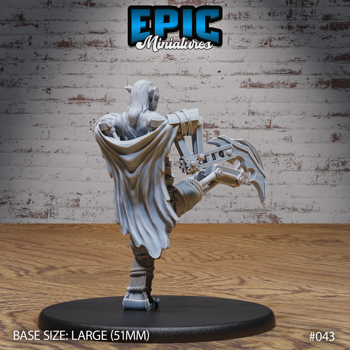 Rear view of a goblin mech suit miniature showing a flowing cloak billowing behind mechanical arms fitted with crescent blades, gear housings and rope-wrapped joints. Sculpt by Epic Miniatures.