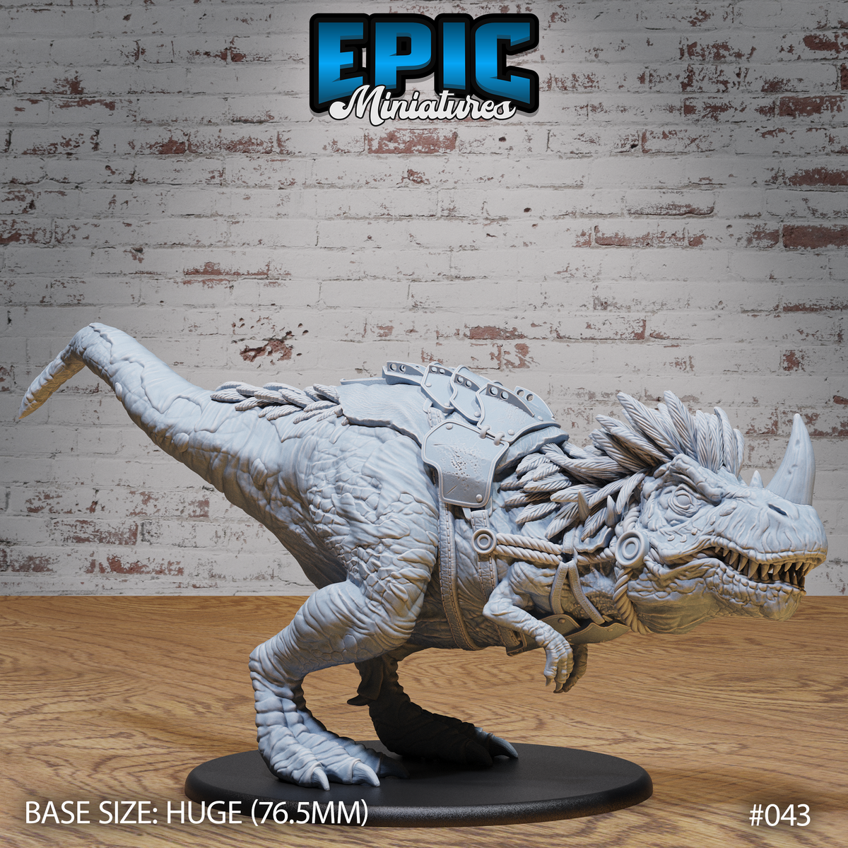 Ferocious horned theropod miniature in a forward-lunging pose, jaws wide open, with a riveted saddle and thick rope bridle wrapped around its snout and head. Sculpt by Epic Miniatures.