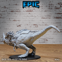 Horned theropod miniature viewed from the opposite side, showing the full length of the tail extended behind and the detailed rope-lashed saddle across the back. Sculpt by Epic Miniatures.