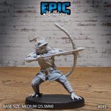 Kenku bird warrior in a wide-legged archer's stance, drawing a segmented longbow at full draw, wearing lamellar chest armour, horned samurai helmet, studded leg wraps, and clawed feet. Sculpt by Epic Miniatures.