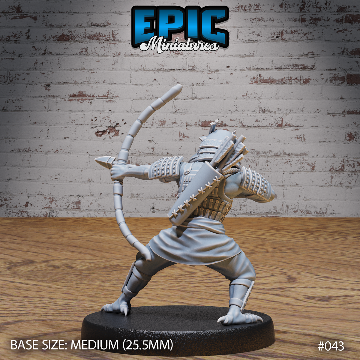 Kenku archer viewed from behind and to one side, bow drawn overhead showing laced lamellar back armour, shoulder guards, rope-bound torso, and a long tail visible beneath the skirted robes. Sculpt by Epic Miniatures.