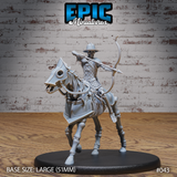Skeletal mounted archer in wide-brimmed hat and quilted scale armour, drawing a longbow while riding a bone-ribbed skeletal warhorse with armoured barding and a snarling skull head. Sculpt by Epic Miniatures.