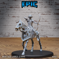 Skeletal mounted archer in wide-brimmed hat and quilted scale armour, drawing a longbow while riding a bone-ribbed skeletal warhorse with armoured barding and a snarling skull head. Sculpt by Epic Miniatures.