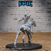 Skeletal cavalry archer seen from behind, arrow nocked and longbow raised, quiver strapped to back, riding a gaunt skeletal horse with exposed spine, plated saddle, and skeletal hooves. Sculpt by Epic Miniatures.
