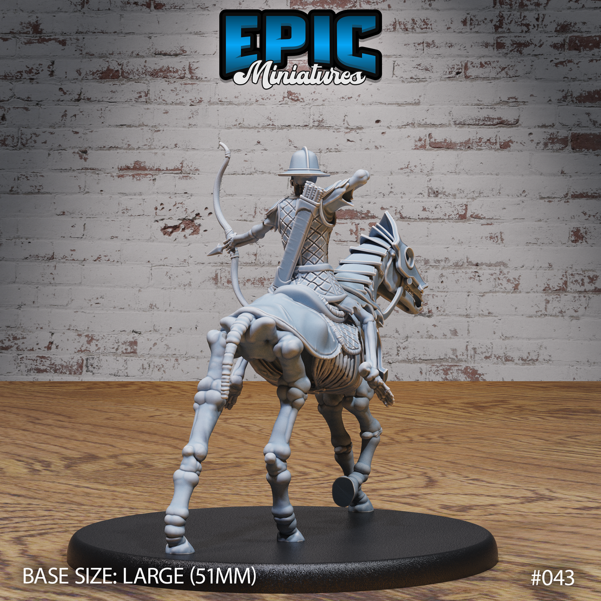 Skeletal cavalry archer seen from behind, arrow nocked and longbow raised, quiver strapped to back, riding a gaunt skeletal horse with exposed spine, plated saddle, and skeletal hooves. Sculpt by Epic Miniatures.